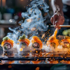 Delicious sushi, carefully arranged by top chefs. - obrazy, fototapety, plakaty