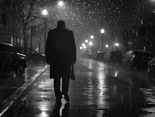 Noirinspired scene of a president walking alone down a rainsoaked street at night, reflecting inner conflict and the burden of leadership