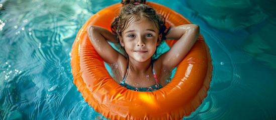 Portrait from above of a little Caucasian girl with freckles on an orange float in a swimming pool.