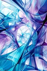 Abstract background of intertwined shapes and lines, gradient colors of cold tones, blues, and purples, with touches of white, curves, and overlapping shapes.