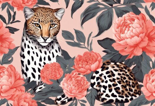 'hand print Elegant Savana pattern leopard coral flowers Graceful cat style drawn seanless peony Background Vector Design Isolated Fashion Nature Vintage Art Illustration Leaf Floral'