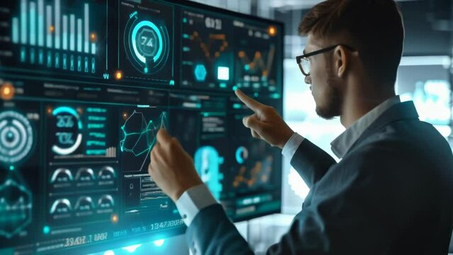 A businessman interacts with a virtual interface displaying sales performance metrics and icons. The image focuses on leveraging technology for data analysis and business growth strategies. 