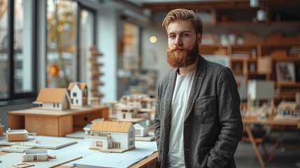 portrait of a young male architect in his architecture design studio office, with buildings 3D models, architectural firm, student