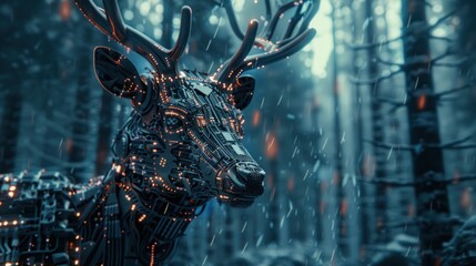 Future futuristic deer head with forest background, AI generated image. - obrazy, fototapety, plakaty