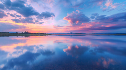 Fototapeta premium Vibrant twilight sky over a tranquil lake, reflection of pastel colors on the water, gentle ripples on the water surface