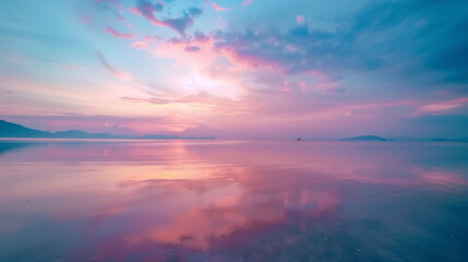 Fototapeta premium Vibrant twilight sky over a tranquil lake, reflection of pastel colors on the water, gentle ripples on the water surface