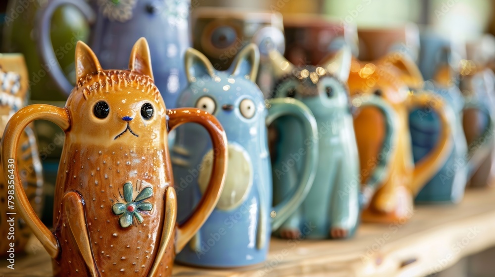 Poster a row of ceramic mugs each one uniquely shaped and adorned with a different whimsical animal design.