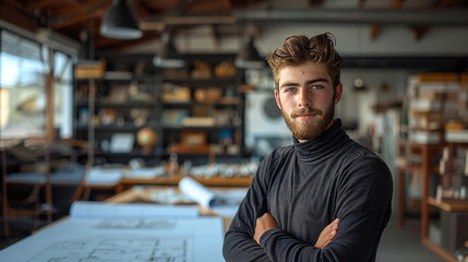 portrait of a young male architect in his architecture design studio office, with buildings 3D models, architectural firm, student - obrazy, fototapety, plakaty
