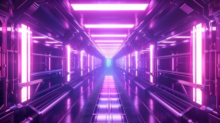 Spaceship corridor with red and purple neon, AI generated image.