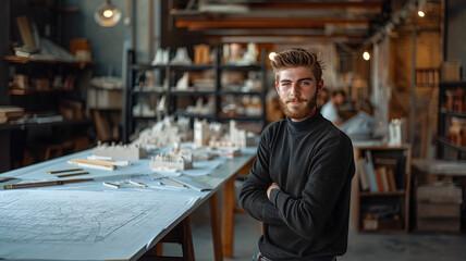 portrait of a young male architect in his architecture design studio office, with buildings 3D models, architectural firm, student - obrazy, fototapety, plakaty