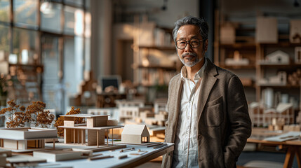 portrait of a mid-aged asian male architect in his architecture design studio office, with buildings 3D models, architectural firm, professional,  - obrazy, fototapety, plakaty