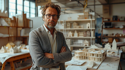 portrait of a mid-aged male architect in his architecture design studio office, with buildings 3D models, architectural firm, professional - obrazy, fototapety, plakaty
