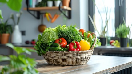 A bright and inviting consultation room where a nutritionist advises a patient, a basket of vibrant vegetables on the desk - obrazy, fototapety, plakaty