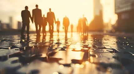 Silhouettes of businesspeople walking on a path made of jigsaw puzzle pieces during a warm, golden sunset.