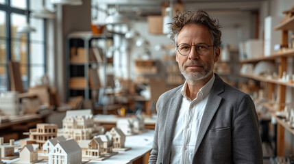 portrait of a mid-aged male architect in his architecture design studio office, with buildings 3D models, architectural firm, professional - obrazy, fototapety, plakaty