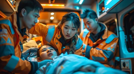 A focused view inside an ambulance showing Asian paramedics comforting a patient during a high-speed transfer at dusk - obrazy, fototapety, plakaty