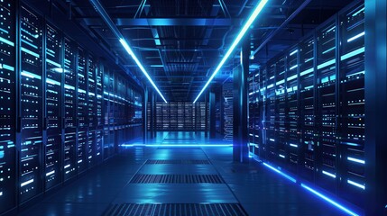 Data center with rows of server racks under cool blue lights, a representation of modern digital infrastructure