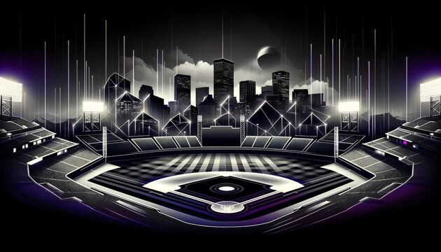 Surreal visual of a baseball stadium with gleaming lights against a dark Dever cityscape, symbolizing the fusion of sports and city life in a dreamlike neon glow