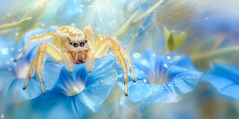Close-up of a golden jumping spider amidst blue morning glory flowers with dewdrops