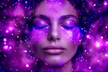 A surreal portrait of a woman's face covered in purple glitter, surrounded by soft bokeh lights
