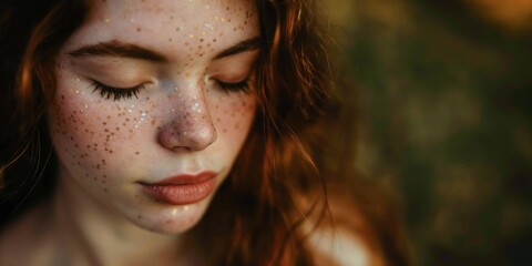 Close-up portrait of a serene redhead woman with natural freckles and subtle glitter on her skin