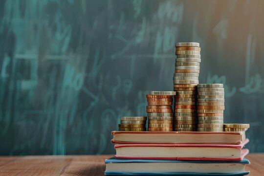 An image with a stack of ascending coins on top of books in front of a chalkboard filled with equations, symbolizing the increasing costs of education and the economic value of academic achievement
