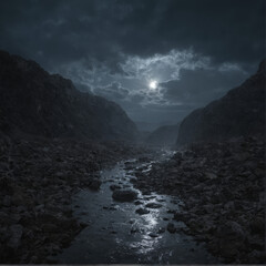 mountain river at night