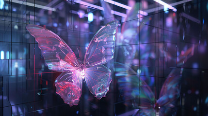 Within the confines of a virtual reality art installation, a holographic butterfly hovers, its translucent wings casting colorful reflections on the surrounding digital 