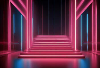 'stage spectrum blue stairs neon pink glowing fashion podium background render ultraviolet lines performance vertical illuminated abstract 3d poduim three-dimensional light line stair'