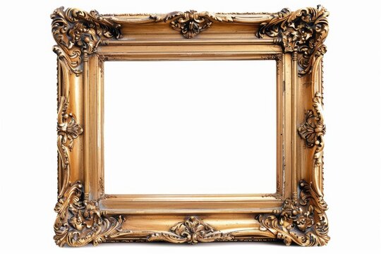 ornately carved antique gold picture frame showcased in isolation white background vintage decor photography