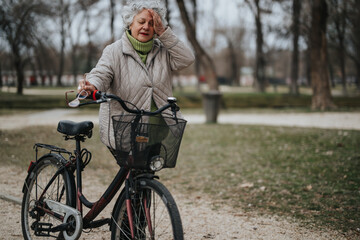 Mature female retiree standing with her bicycle in the park, wiping her brow during a leisurely day outdoors.