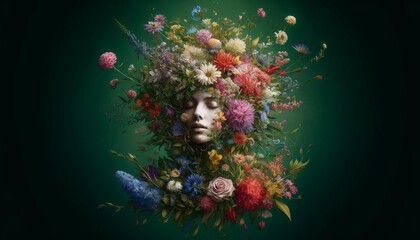Fototapeta na wymiar Fusion of Florals and Femininity: A Mystical Portrait Encapsulating the Essence of Spring with Lush Floral Abundance