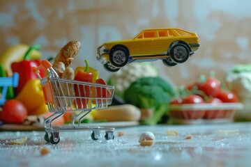 playful toy car racer soaring with shopping cart full of groceries creative food concept