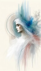 Surreal Artistic Wedding Portrait of a Woman with Abstract Blue Streaks, Combining Ethereal Elegance with a Whirl of Emotions