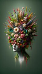 Artistic Representation of a Woman's Profile with an Explosion of Colorful Flowers, Symbolizing Growth and Vitality - obrazy, fototapety, plakaty