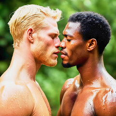 Multiracial couple of homosexual men kissing. 