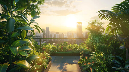 Office rooftop garden with plants and trees backdrop of city skyline. Relaxing outdoor park