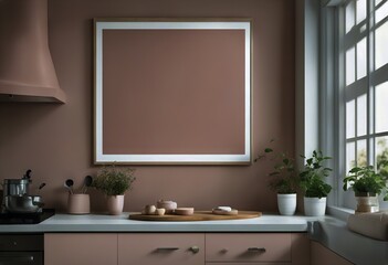 Fototapeta na wymiar pastel pink interior kitchen poster frame render Mock 3d