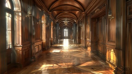 Obraz premium Depict a warm wooden interior passageway within an old-style architectural setting