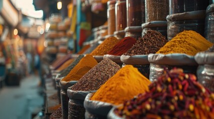 A traditional street market filled with colorful and tasty spices, AI generated image. - obrazy, fototapety, plakaty