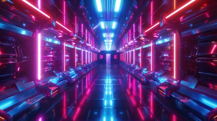 Spaceship corridor with red and purple neon, AI generated image. - obrazy, fototapety, plakaty