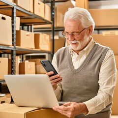 A man is using a laptop and a cell phone in a warehouse