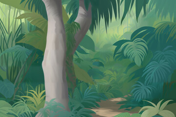 Jungle illustration in pastel colors. Painted beautiful tropical forest with exotic plants, palm trees, big leaves and ferns. Thicket of the rainforest. Simple nature drawing. - obrazy, fototapety, plakaty