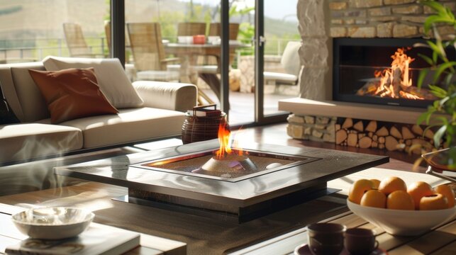 Whether p on a coffee table or a dining table this fireplace adds a touch of sophistication to any setting. 2d flat cartoon.