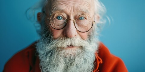 cute pretty old man in very expensive clothes with a beard, round glasses, in the role of Santa Claus on blue background.