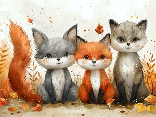 Fototapeta premium Cute and Friendly Stylized Fox and Wolf Quartet