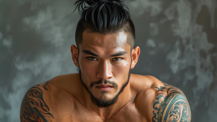 Dynamic Cut: Muay Thai Athlete's Short Hair, Sharp Style: Asian Fighter's Short Hairstyle, Precision Trim: Asian Martial Artist's Short Haircut, Swift Look: Short Hair of an Asian Athlete - obrazy, fototapety, plakaty