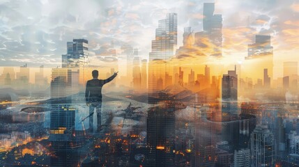 Envision a scene where a male engineer takes a leadership stance, pointing at construction site buildings, juxtaposed with a double exposure of a modern city skyline