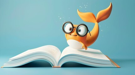 A whimsical scene of a bright orange goldfish wearing round glasses, exploring the pages of an open book underwater, bubbles around. - obrazy, fototapety, plakaty