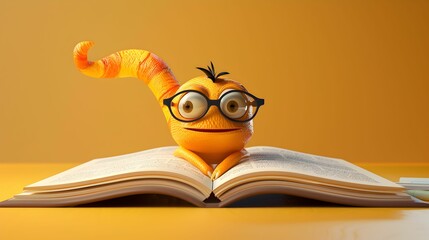 An endearing orange caterpillar with oversized glasses deeply engrossed in reading an open book - obrazy, fototapety, plakaty